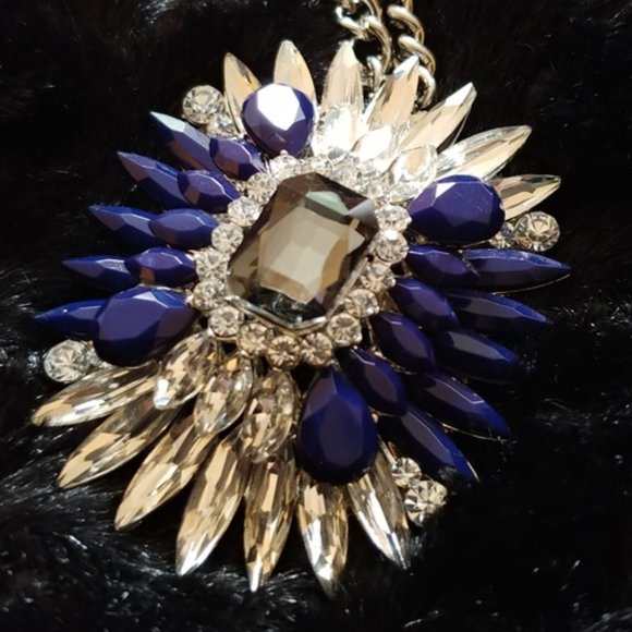 Stunning Statement Necklace | Crystal and Blue Rhinestone Large Pendant - Picture 1 of 5